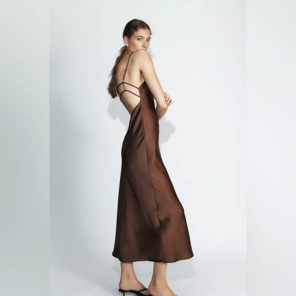 Zara Elegant Brown Satin Slip Dress Evening Party Wedding Casual - Picture 7 of 9